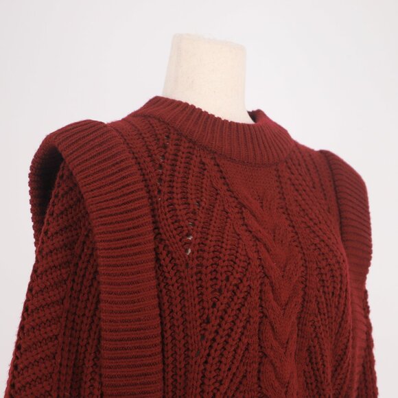 ENGLISH FACTORY Cable Knit Crop Sweater Wide Ribbed Shoulder Burgundy Size M - Picture 4 of 7